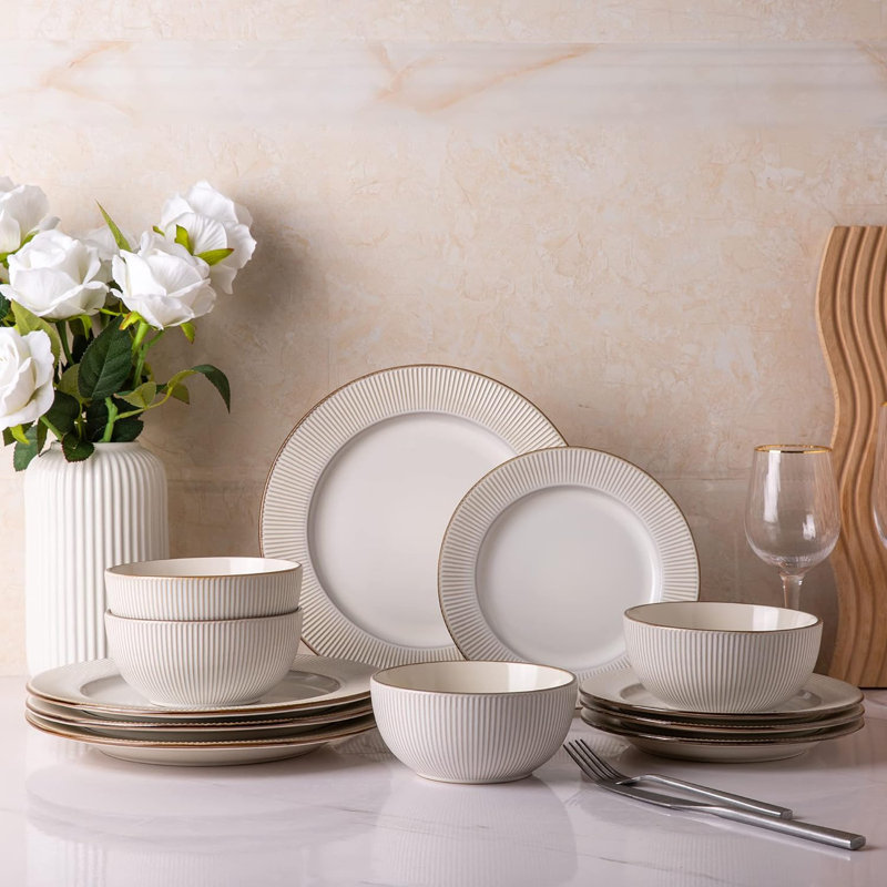 Orren Ellis Aagand Ceramic Dinnerware Sets Embossed Elegant Stoneware Plates and Bowls Sets Service for 4 Wayfair